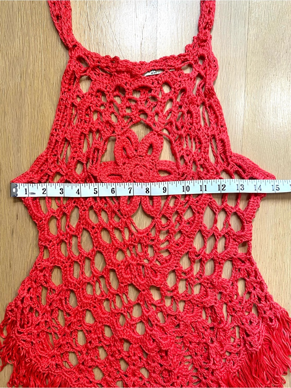 Bright Vibrant Coral Red Boho Crochet Floral Fringe V Tunic Tank Top Cover Up - Picture 6 of 8